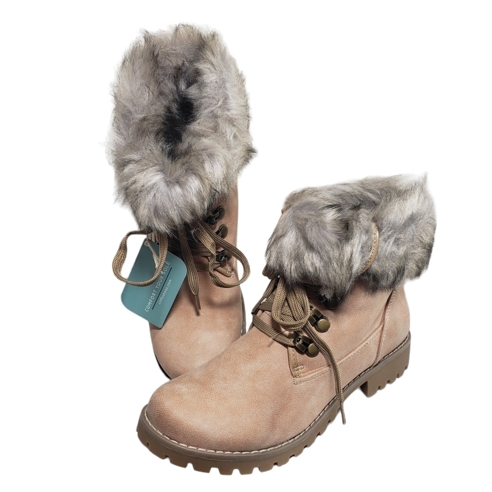 Cliffs Paddington Natural Tan Faux Fur Lace Up Ankle Combat Boots Sz 8